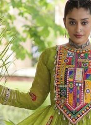 faux georgette bandhani printed gown with kutchi patch work  12 meter flair full sleeves festive ethnic gown  5