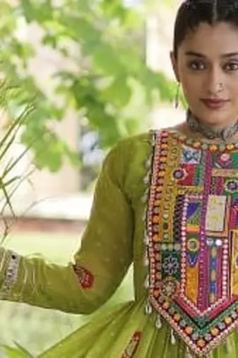 faux georgette bandhani printed gown with kutchi patch work  12 meter flair full sleeves festive ethnic gown 