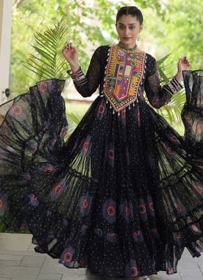 faux georgette bandhani printed gown with kutchi patch work  12 meter flair full sleeves festive ethnic gown  5