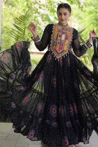 faux georgette bandhani printed gown with kutchi patch work  12 meter flair full sleeves festive ethnic gown 