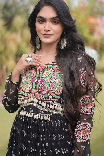 faux georgette bandhani print gown with kutchi patch work  12 meter flair full sleeves navratri festive gown 
