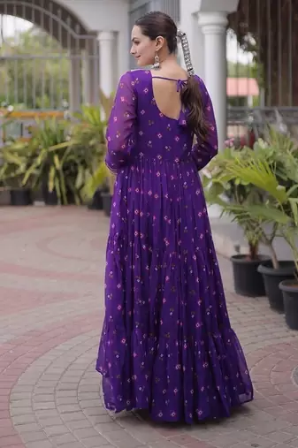 faux georgette laheriya printed gown with kutchi patch work  12 meter flair full sleeves festive ethnic gown 