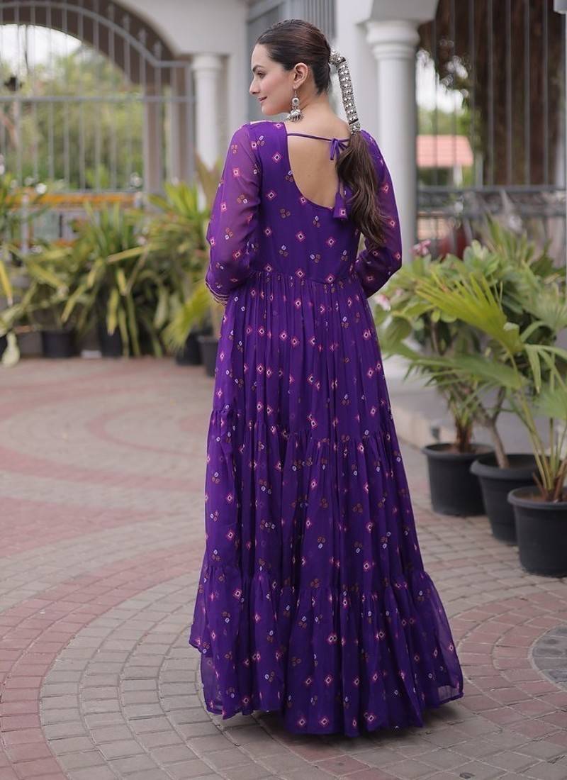 faux georgette laheriya printed gown with kutchi patch work  12 meter flair full sleeves festive ethnic gown 