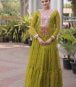 faux georgette laheriya printed gown with kutchi patch work  12 meter flair full sleeves festive ethnic gown 