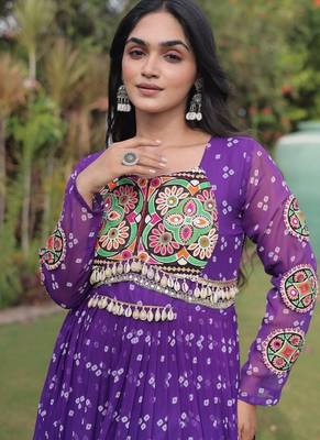 faux georgette bandhani print gown with kutchi patch work  12 meter flair full sleeves navratri festive gown  4