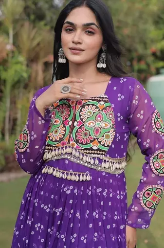 faux georgette bandhani print gown with kutchi patch work  12 meter flair full sleeves navratri festive gown 