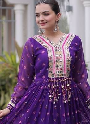 faux georgette laheriya printed gown with kutchi patch work  12 meter flair full sleeves festive ethnic gown  3