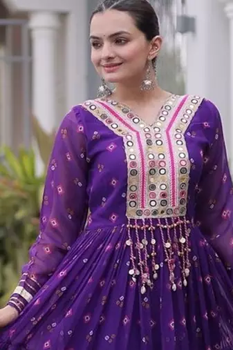 faux georgette laheriya printed gown with kutchi patch work  12 meter flair full sleeves festive ethnic gown 