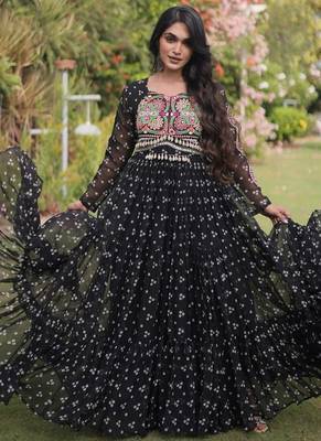faux georgette bandhani print gown with kutchi patch work  12 meter flair full sleeves navratri festive gown  5