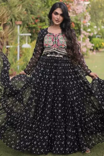 faux georgette bandhani print gown with kutchi patch work  12 meter flair full sleeves navratri festive gown 