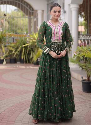 faux georgette laheriya printed gown with kutchi patch work  12 meter flair full sleeves festive ethnic gown  1