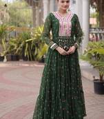 faux georgette laheriya printed gown with kutchi patch work  12 meter flair full sleeves festive ethnic gown 