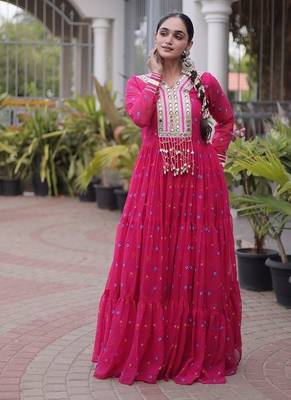 faux georgette laheriya printed gown with kutchi patch work  12 meter flair full sleeves festive ethnic gown  3