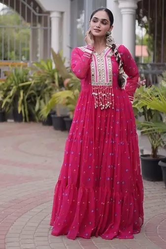 faux georgette laheriya printed gown with kutchi patch work  12 meter flair full sleeves festive ethnic gown 