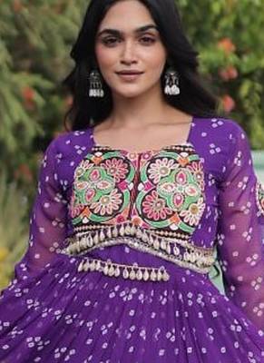 faux georgette bandhani print gown with kutchi patch work  12 meter flair full sleeves navratri festive gown  5