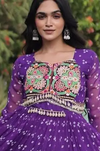 faux georgette bandhani print gown with kutchi patch work  12 meter flair full sleeves navratri festive gown 