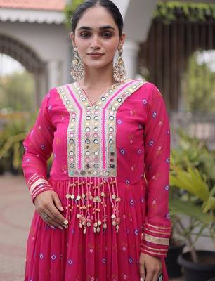 faux georgette laheriya printed gown with kutchi patch work  12 meter flair full sleeves festive ethnic gown  4