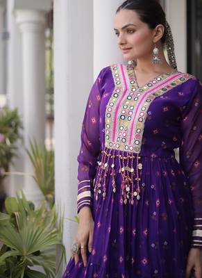 faux georgette laheriya printed gown with kutchi patch work  12 meter flair full sleeves festive ethnic gown  4