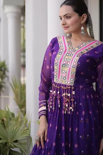 faux georgette laheriya printed gown with kutchi patch work  12 meter flair full sleeves festive ethnic gown 