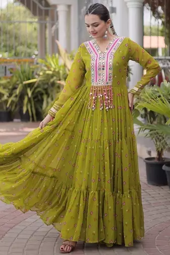 faux georgette laheriya printed gown with kutchi patch work  12 meter flair full sleeves festive ethnic gown 