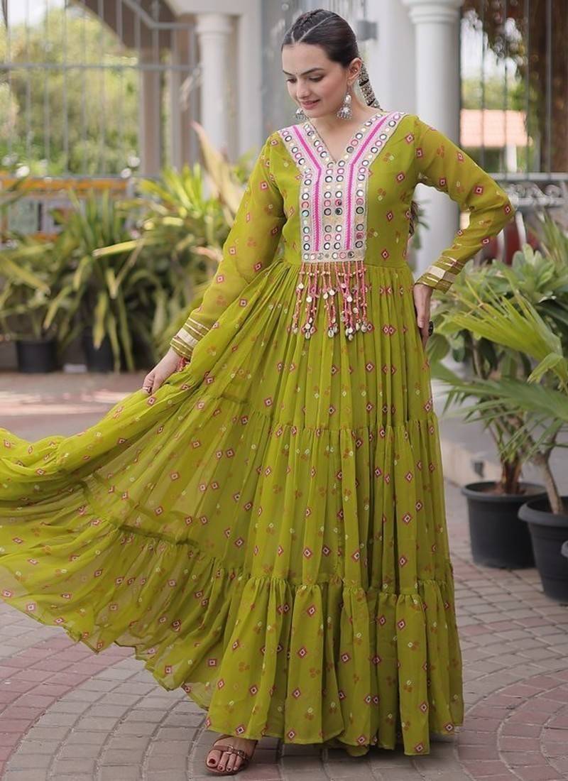 faux georgette laheriya printed gown with kutchi patch work  12 meter flair full sleeves festive ethnic gown 