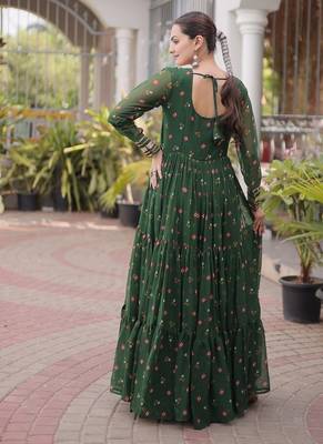 faux georgette laheriya printed gown with kutchi patch work  12 meter flair full sleeves festive ethnic gown  2