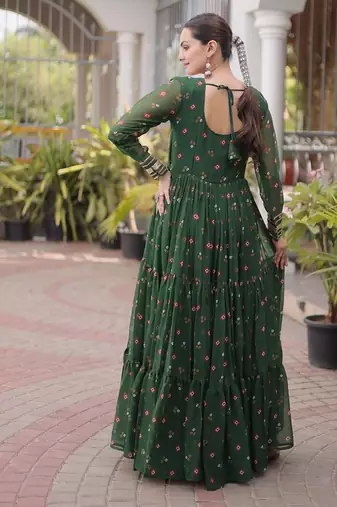 faux georgette laheriya printed gown with kutchi patch work  12 meter flair full sleeves festive ethnic gown 