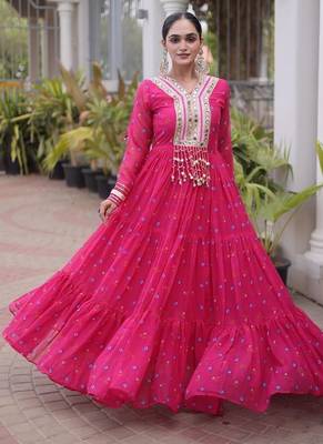 faux georgette laheriya printed gown with kutchi patch work  12 meter flair full sleeves festive ethnic gown  5