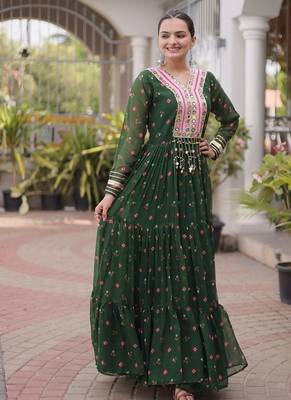 faux georgette laheriya printed gown with kutchi patch work  12 meter flair full sleeves festive ethnic gown  3