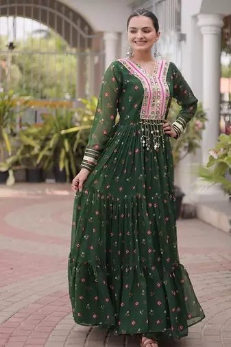 faux georgette laheriya printed gown with kutchi patch work  12 meter flair full sleeves festive ethnic gown 