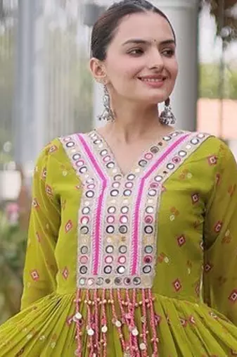 faux georgette laheriya printed gown with kutchi patch work  12 meter flair full sleeves festive ethnic gown 