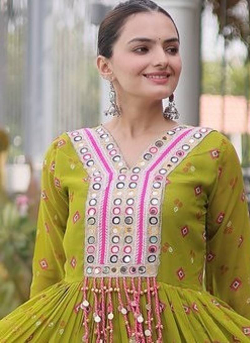 faux georgette laheriya printed gown with kutchi patch work  12 meter flair full sleeves festive ethnic gown 