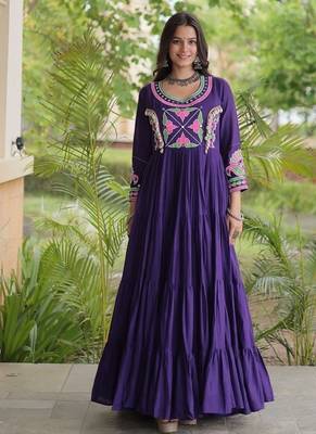 kora cotton multi thread embroidered mirror & real codi work gown  12 meter flair 4 layer stitching  1