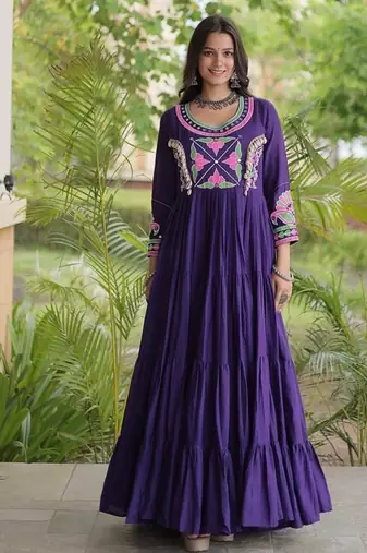 kora cotton multi thread embroidered mirror & real codi work gown  12 meter flair 4 layer stitching 