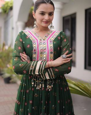 faux georgette laheriya printed gown with kutchi patch work  12 meter flair full sleeves festive ethnic gown  4