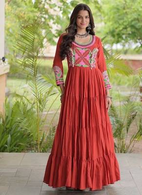 kora cotton multi thread embroidered mirror & real codi work gown  12 meter flair 4 layer stitching  1