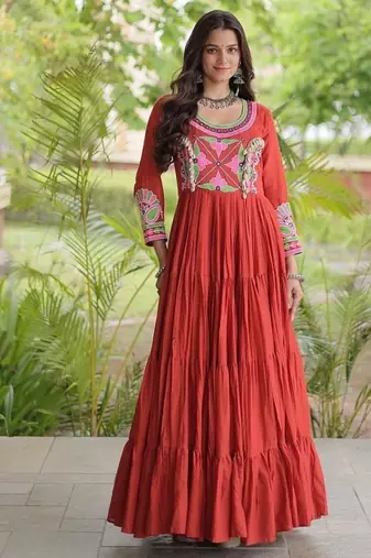kora cotton multi thread embroidered mirror & real codi work gown  12 meter flair 4 layer stitching 