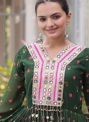 faux georgette laheriya printed gown with kutchi patch work  12 meter flair full sleeves festive ethnic gown  5