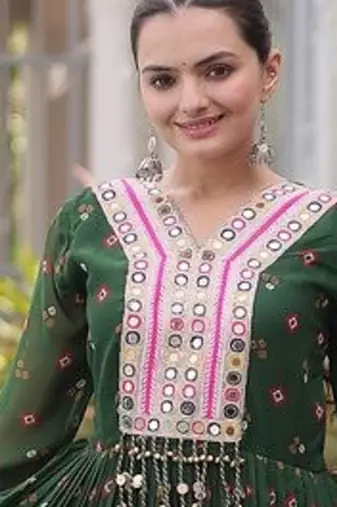 faux georgette laheriya printed gown with kutchi patch work  12 meter flair full sleeves festive ethnic gown 