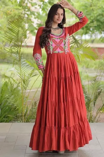 kora cotton multi thread embroidered mirror & real codi work gown  12 meter flair 4 layer stitching 