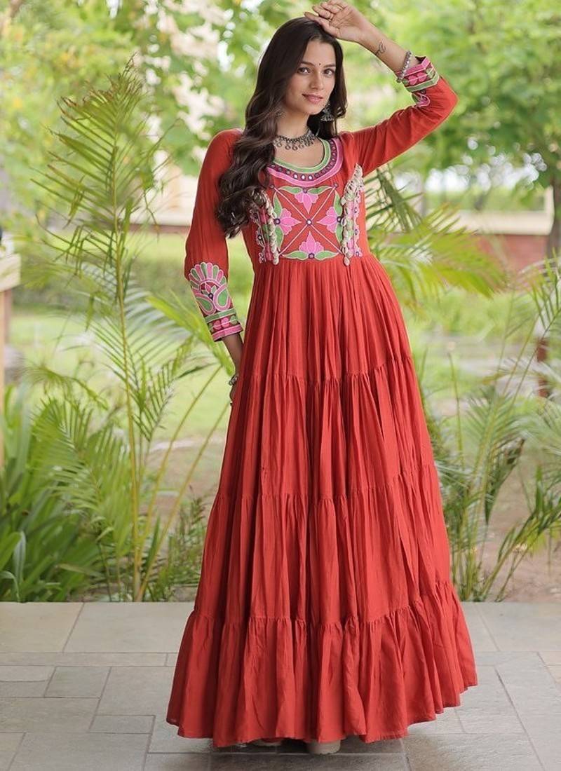 kora cotton multi thread embroidered mirror & real codi work gown  12 meter flair 4 layer stitching 