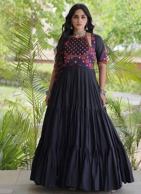 kora cotton multi thread embroidered real mirror work gown  12 meter flair designer ethnic dress  1