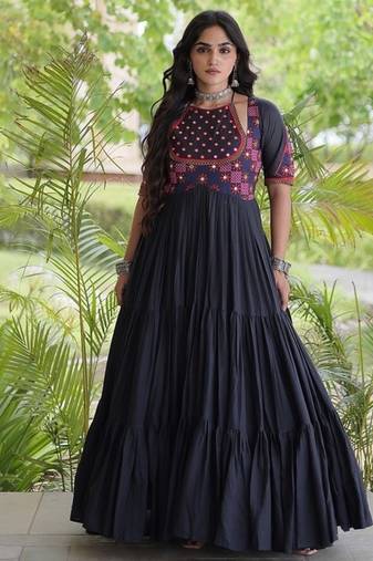 kora cotton multi thread embroidered real mirror work gown  12 meter flair designer ethnic dress 