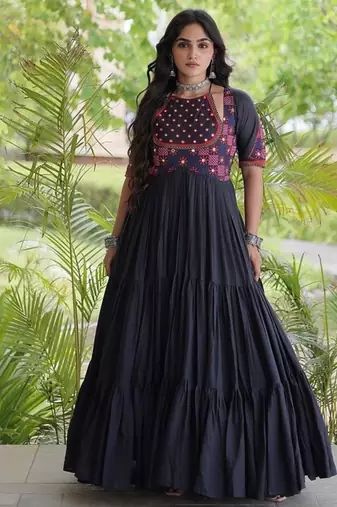kora cotton multi thread embroidered real mirror work gown  12 meter flair designer ethnic dress 