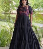 kora cotton multi thread embroidered real mirror work gown  12 meter flair designer ethnic dress 
