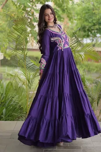 kora cotton multi thread embroidered mirror & real codi work gown  12 meter flair 4 layer stitching 