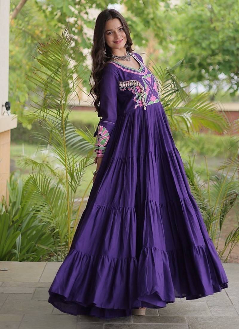 kora cotton multi thread embroidered mirror & real codi work gown  12 meter flair 4 layer stitching 