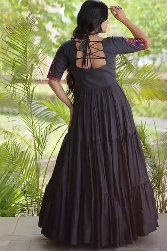 kora cotton multi thread embroidered real mirror work gown  12 meter flair designer ethnic dress 