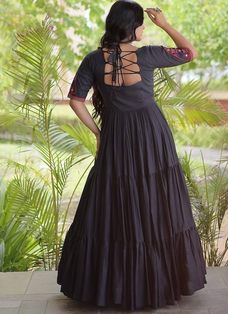 kora cotton multi thread embroidered real mirror work gown  12 meter flair designer ethnic dress 
