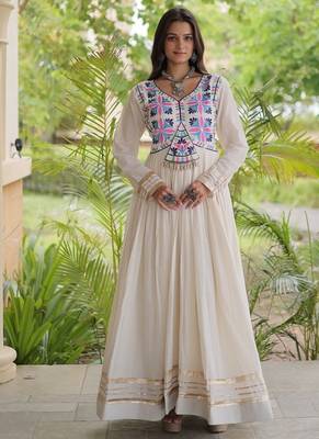 kora cotton multi thread embroidered gown with gota patti & real mirror work  full sleeves festive gown  1